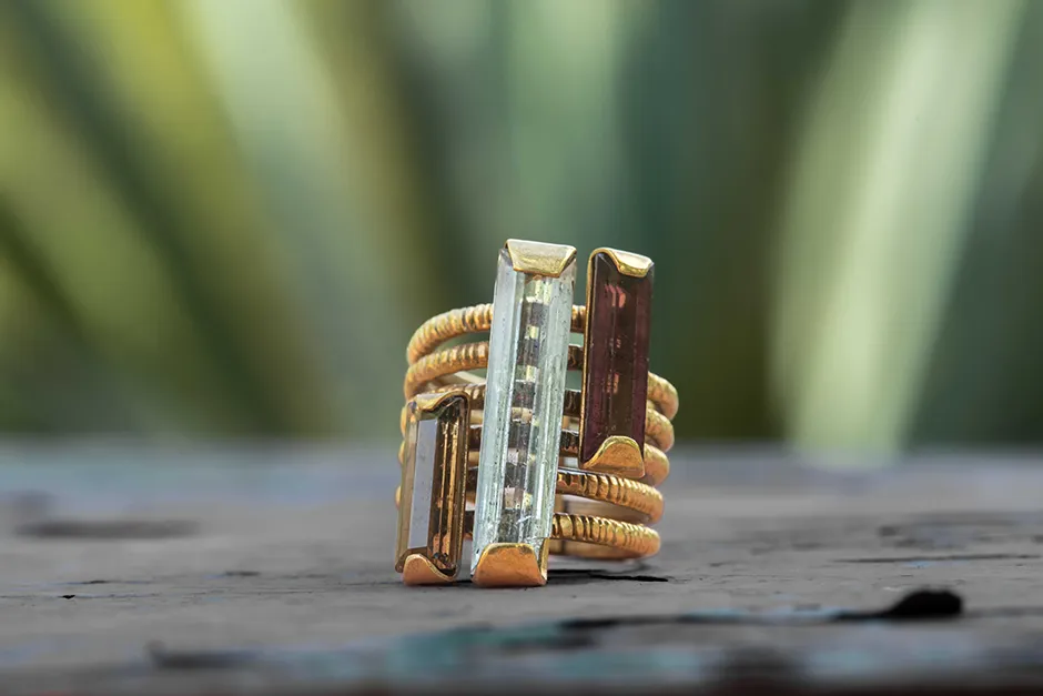 Scapolite and Tourmalines Gold-Plated Brass Ring