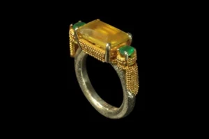 Halo 2 - Gold Plated Silver ring with Yellow Aquamarine & Green Onix